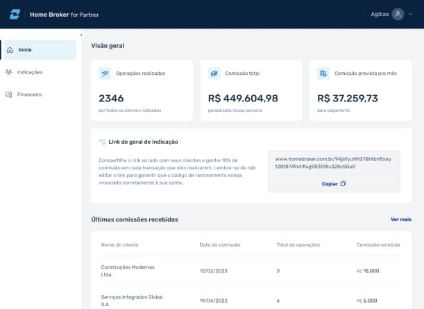 Visualização do homebroker for partner